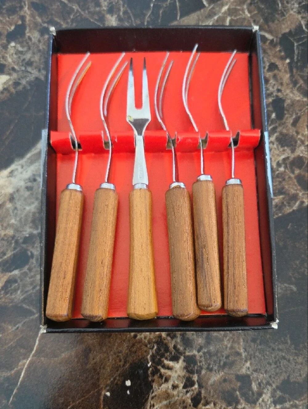 ​Vintage MCM Teak Wood Cocktail Appetizer Forks Set of 6 Stainless Japan Boxed